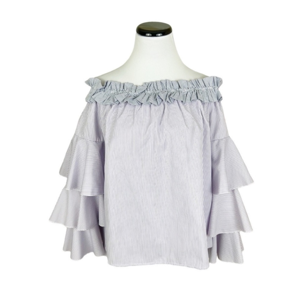 Romeo & Juliet Couture Off Shoulder Tiered Ruffle Bell Sleeve Striped Top Medium